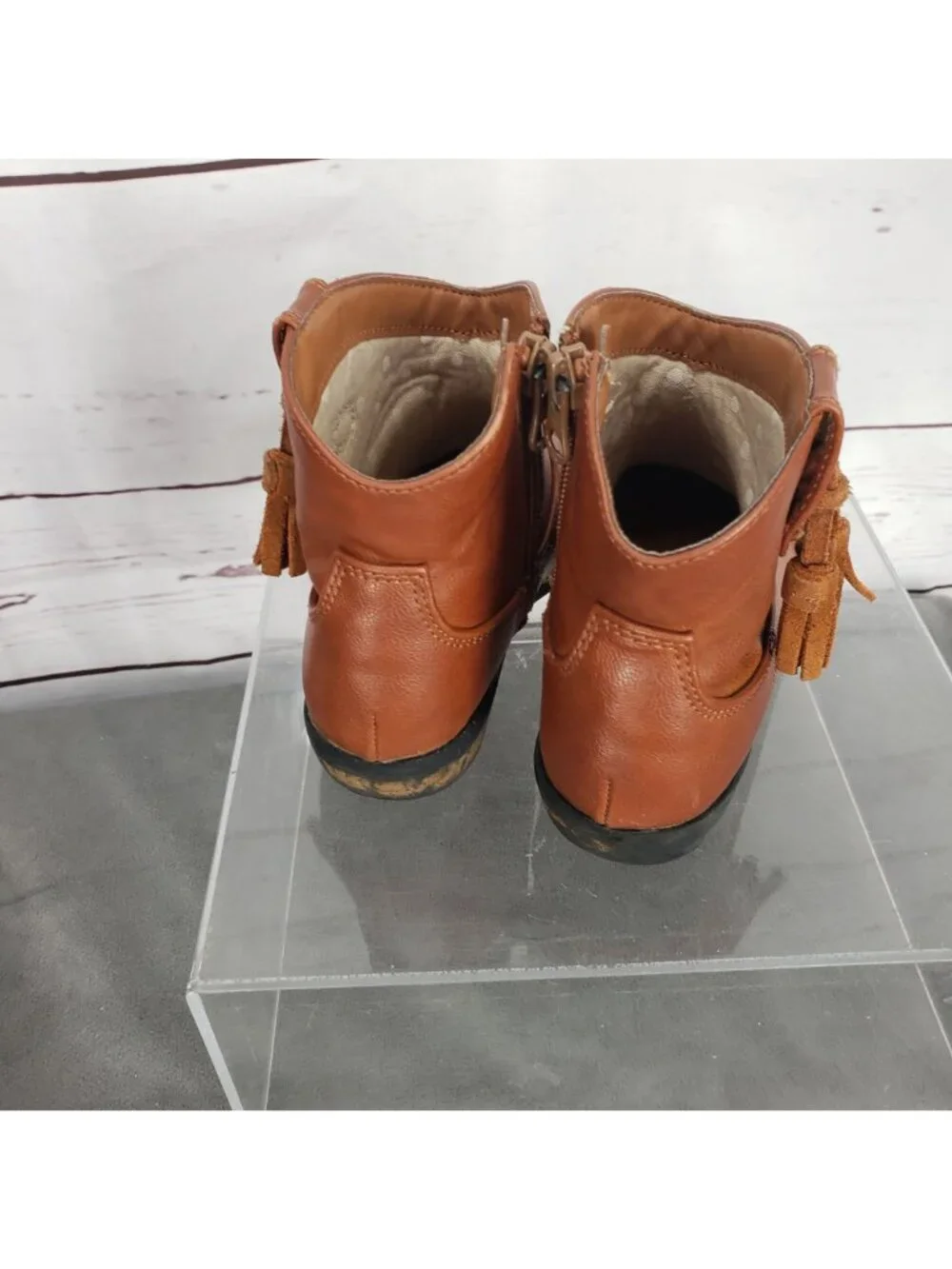 Cat & Jack Brown Faux Leather Toddler Boots With Tassel Accents & Side Zipper Cl
